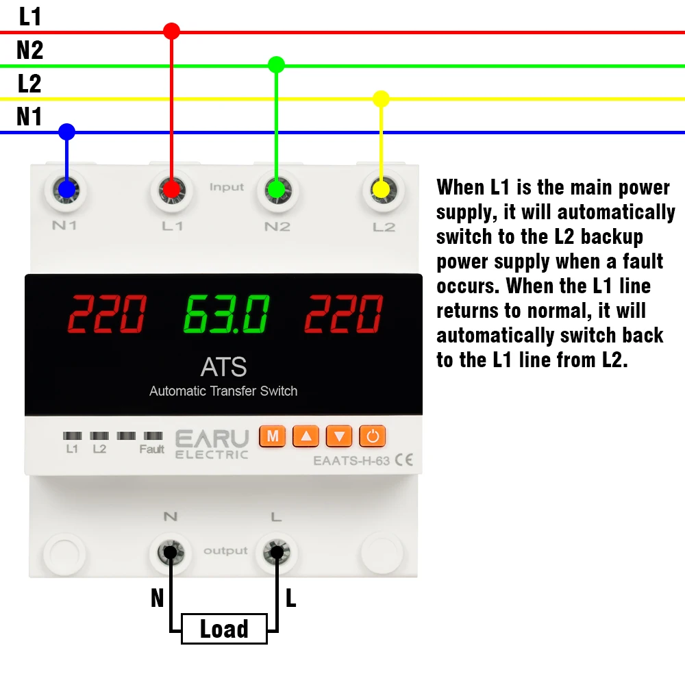 63A 100A ATS Adjustable Over Under Voltage Current Protector Dual Power Conversion Automatic Transfer Switch Monitor Relay 220V