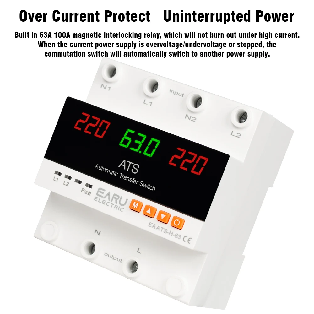 63A 100A ATS Adjustable Over Under Voltage Current Protector Dual Power Conversion Automatic Transfer Switch Monitor Relay 220V