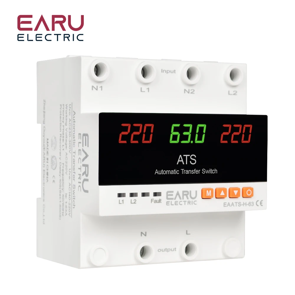 63A 100A ATS Adjustable Over Under Voltage Current Protector Dual Power Conversion Automatic Transfer Switch Monitor Relay 220V