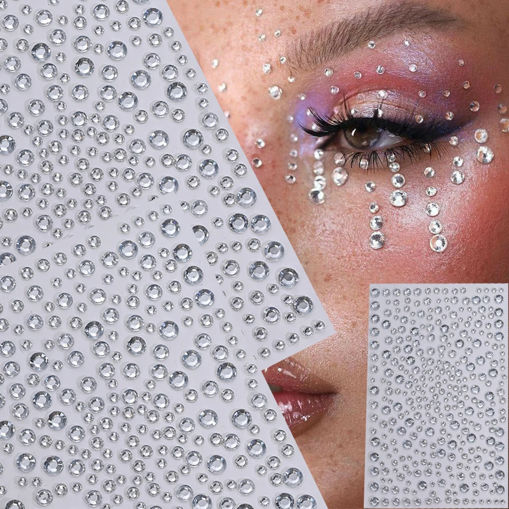 1Pcs Silver-White Glitter 3D Rhinestones Face Stickers 3/4/5/6mm Round Diamond Body Jewels Makeup Stickers For Eye Face Decorati