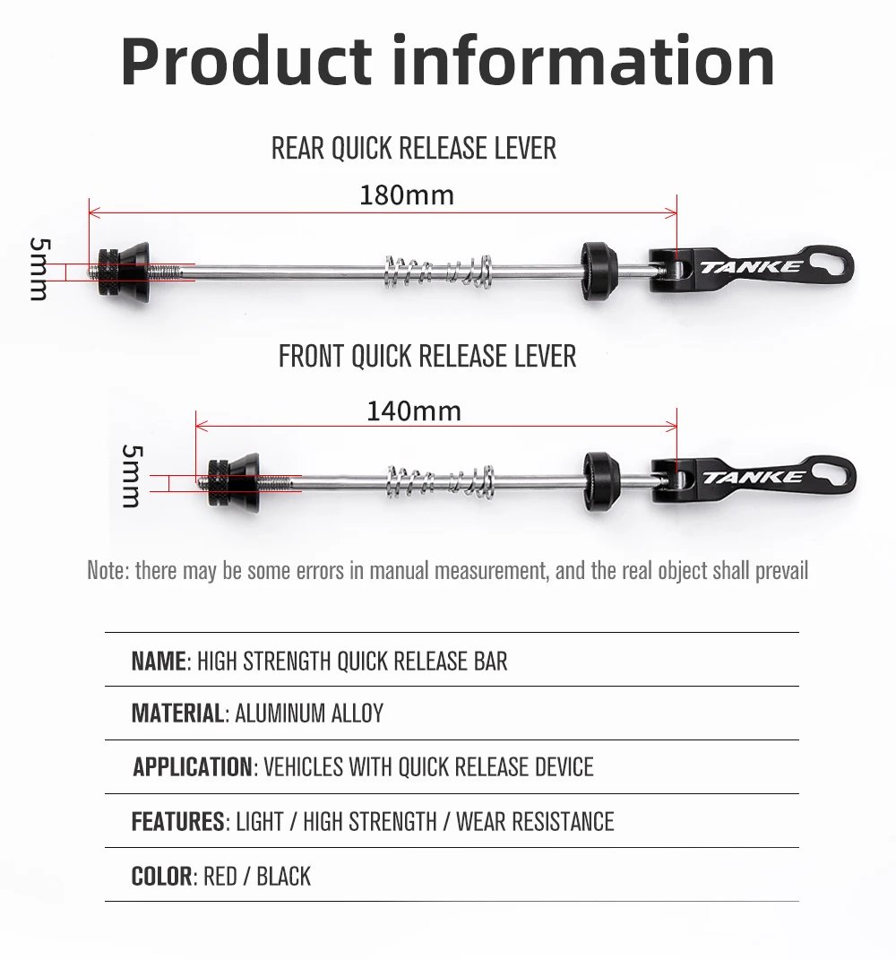 TANKE Bicycle Quick Release Bolt Hub Skewers Lever Axle Road Mountain Bike Replacement Cycling Parts For Front 100mm Rear 135mm