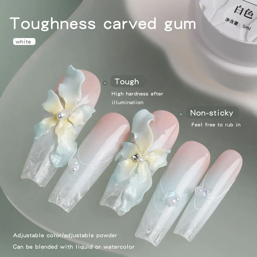 5ml 3D Flower Gel Non-Stick Carving Glue Pearl White Satin Nail Art DIY Sculpting Gel for Manicure Extension Salon Use