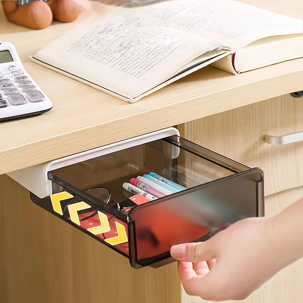 Under-Desk Drawer Storage Box - No-Drill Invisible Organizer, Pull-Out Office Desk Bottom Storage Box