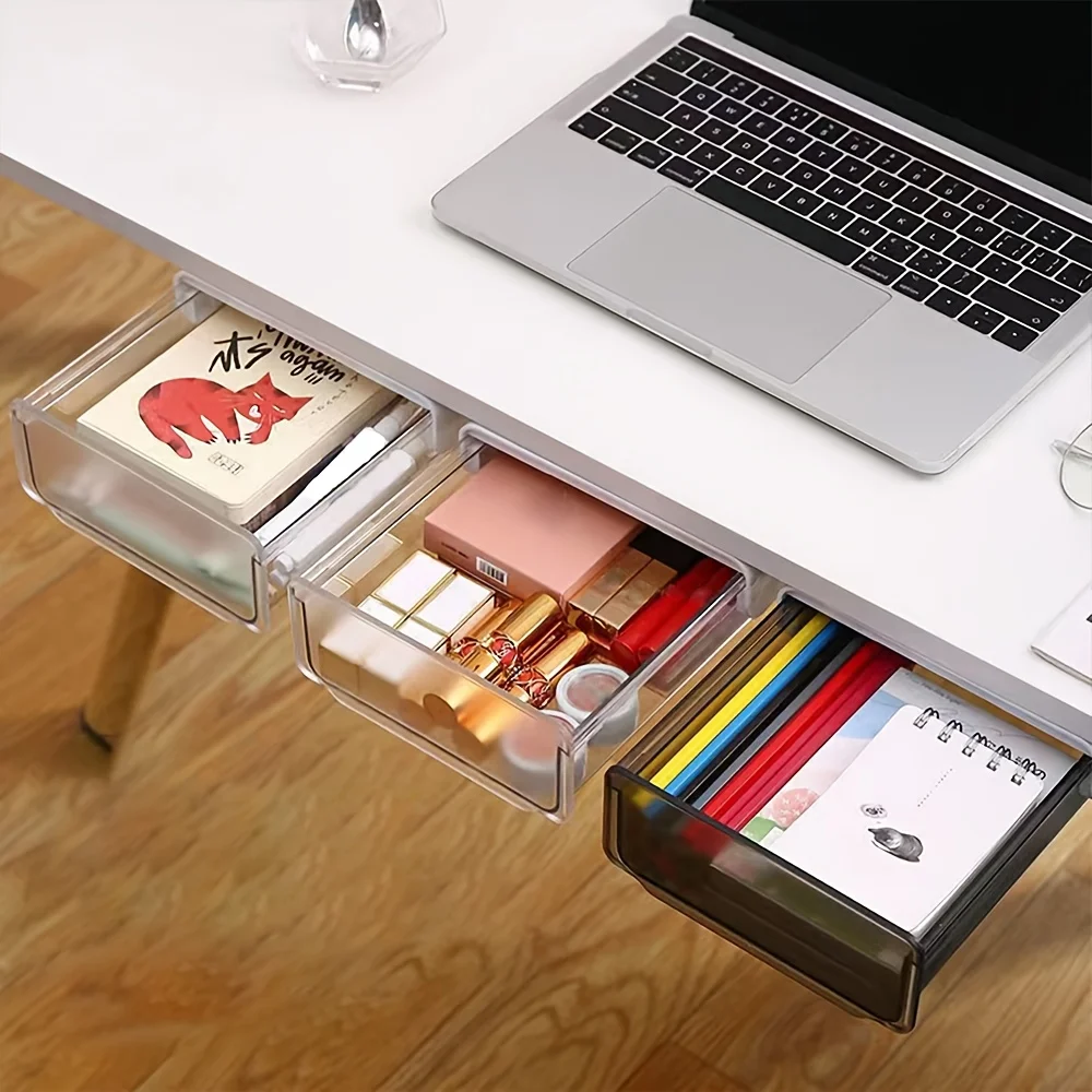 Under-Desk Drawer Storage Box - No-Drill Invisible Organizer, Pull-Out Office Desk Bottom Storage Box
