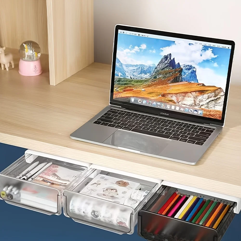 Under-Desk Drawer Storage Box - No-Drill Invisible Organizer, Pull-Out Office Desk Bottom Storage Box