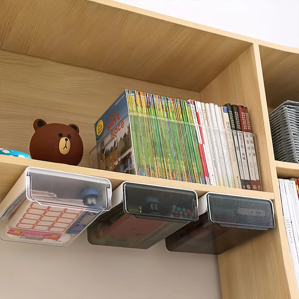 Under-Desk Drawer Storage Box - No-Drill Invisible Organizer, Pull-Out Office Desk Bottom Storage Box