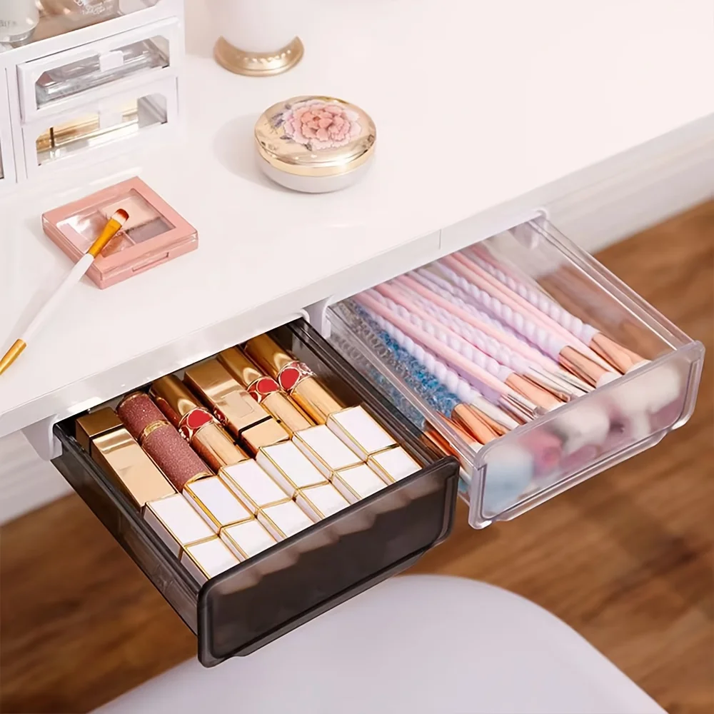 Under-Desk Drawer Storage Box - No-Drill Invisible Organizer, Pull-Out Office Desk Bottom Storage Box