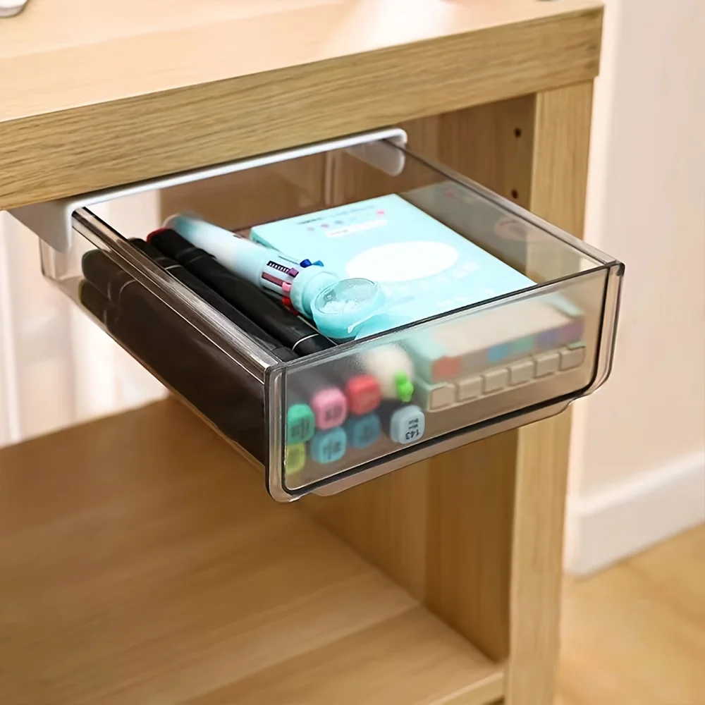 Under-Desk Drawer Storage Box - No-Drill Invisible Organizer, Pull-Out Office Desk Bottom Storage Box