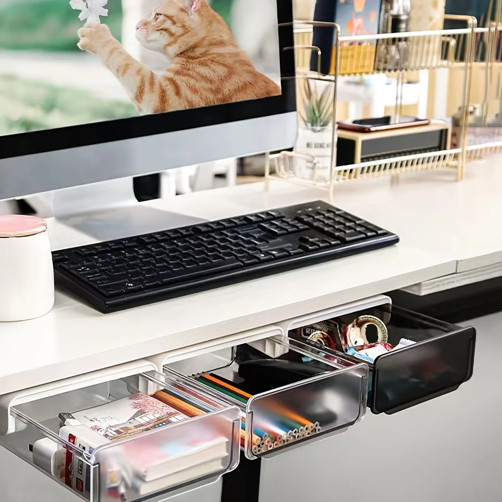 Under-Desk Drawer Storage Box - No-Drill Invisible Organizer, Pull-Out Office Desk Bottom Storage Box