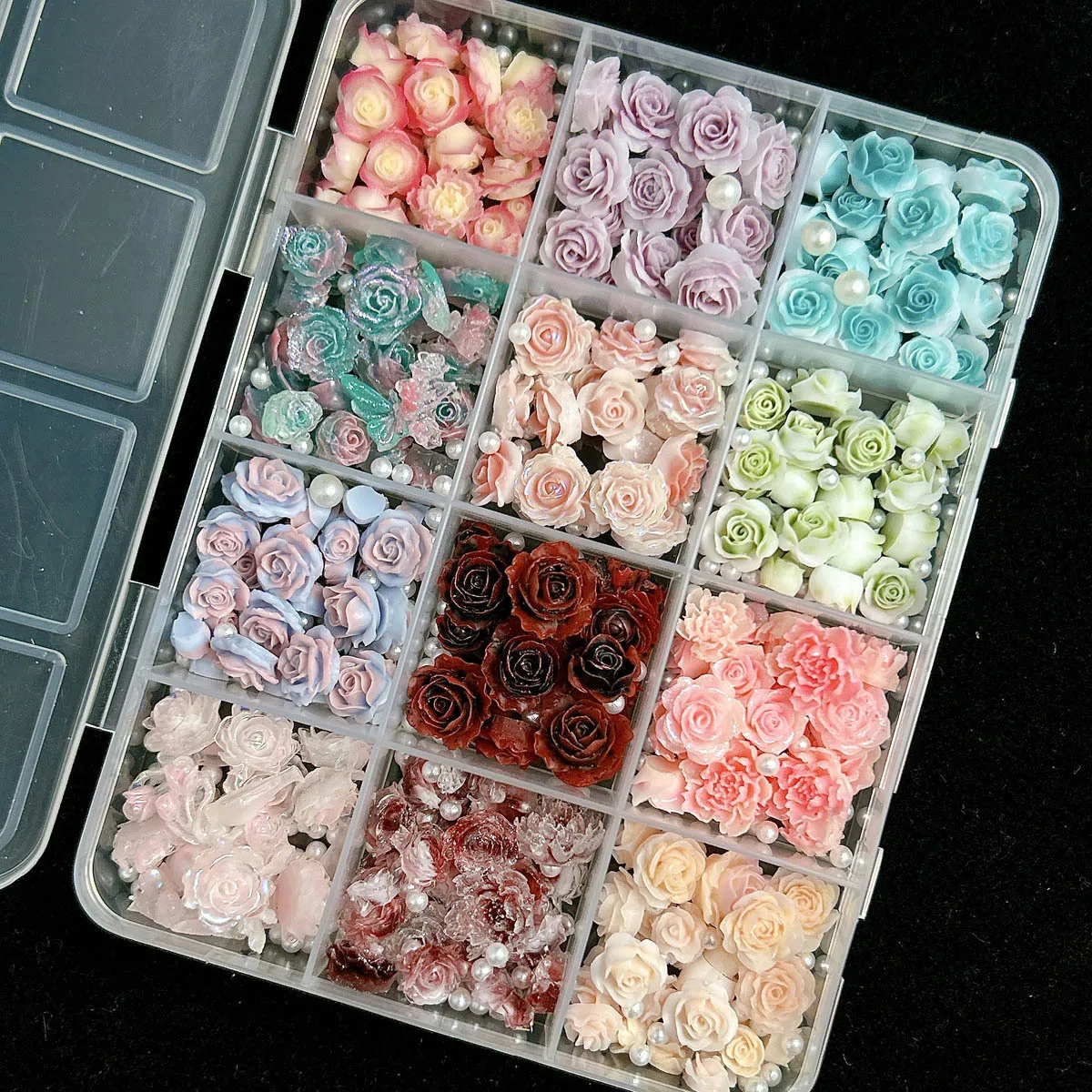 12Grids 3D Resin Rose Flower Nail Charms Mixed Color Flatback with Pearls Kawaii Floral Nail Decor for Acrylic Nails DIY Tools