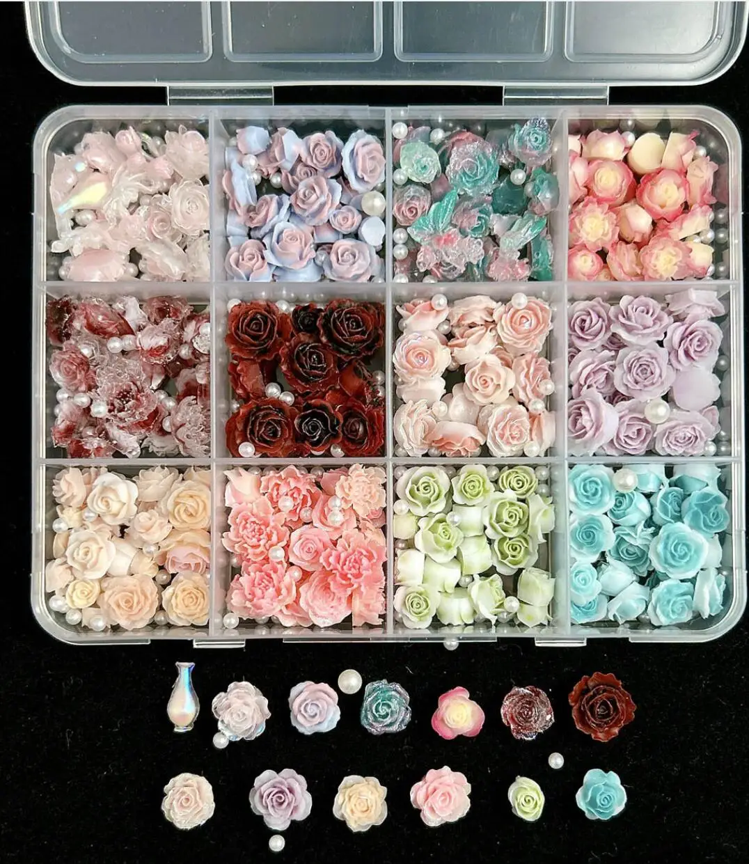 12Grids 3D Resin Rose Flower Nail Charms Mixed Color Flatback with Pearls Kawaii Floral Nail Decor for Acrylic Nails DIY Tools