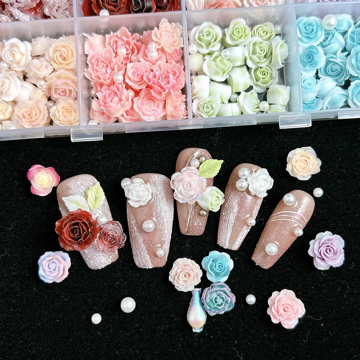 12Grids 3D Resin Rose Flower Nail Charms Mixed Color Flatback with Pearls Kawaii Floral Nail Decor for Acrylic Nails DIY Tools