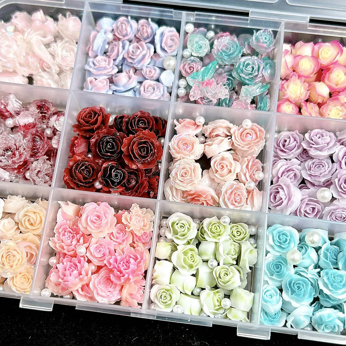 12Grids 3D Resin Rose Flower Nail Charms Mixed Color Flatback with Pearls Kawaii Floral Nail Decor for Acrylic Nails DIY Tools