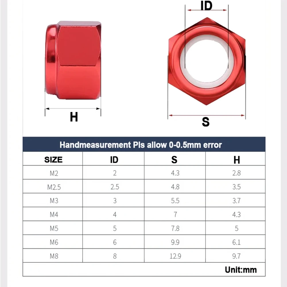 M2 M2.5 M3 M4 M5 M6 M8 Aluminum Hex Nylon Lock Nut Anodized Multi-color Colourful Aluminum Alloy Insert Locking Nuts 5pcs-10pcs