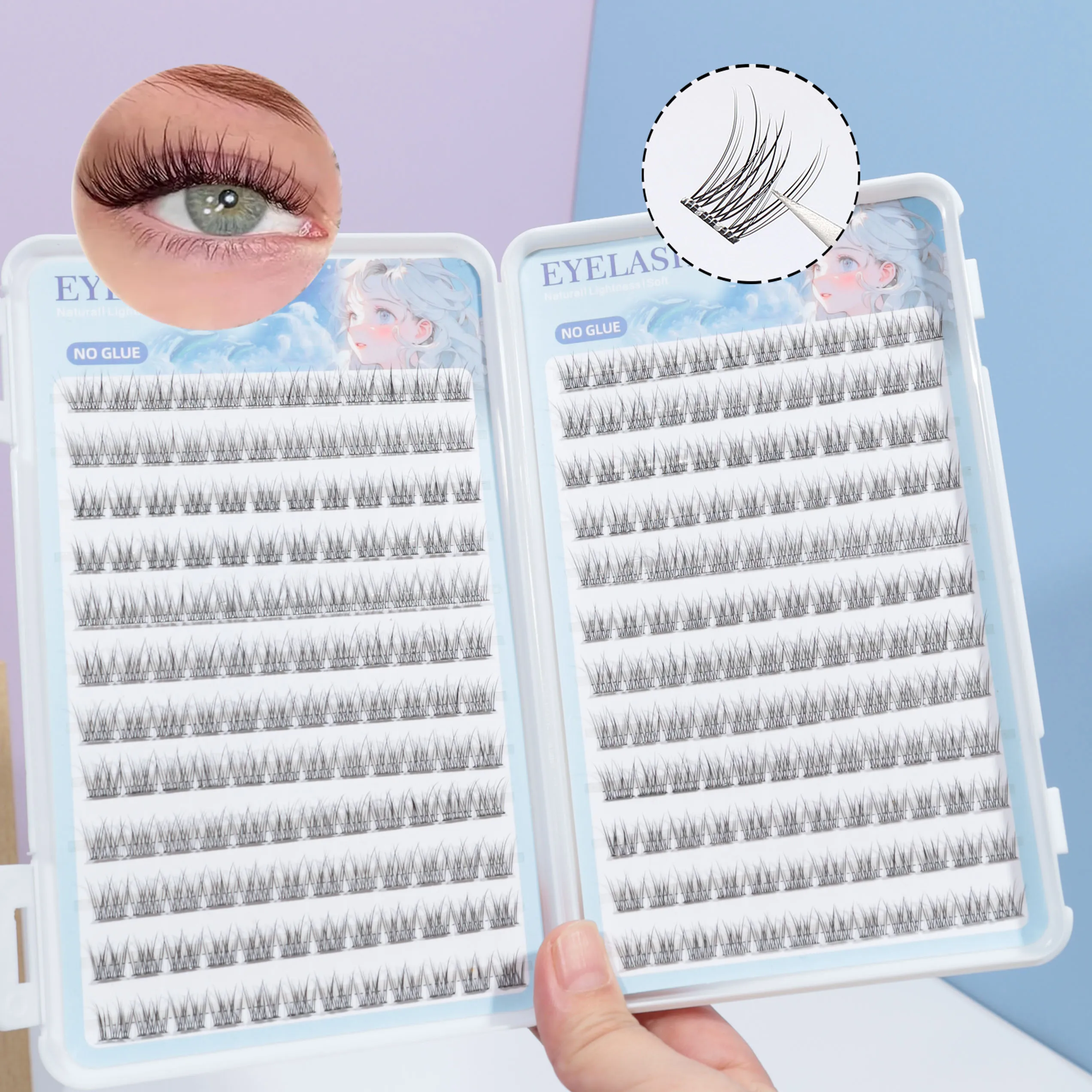 288 Clusters of Self-Adhesive False Eyelashes - C Curl, 12mm Fish Tail Design, Natural Cross Style, Glue Free False Eyelashes