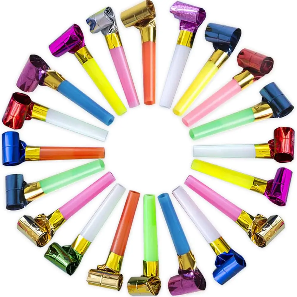20Pcs Musical Blow Outs Balloon Mixed Glitter Fringed Metallic Noisemaker Kids Cute Blowouts Whistles for Halloween Xmas Party