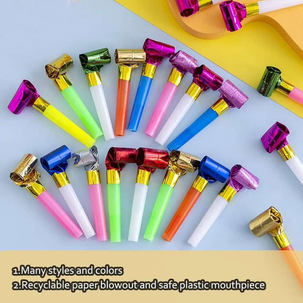 20Pcs Musical Blow Outs Balloon Mixed Glitter Fringed Metallic Noisemaker Kids Cute Blowouts Whistles for Halloween Xmas Party