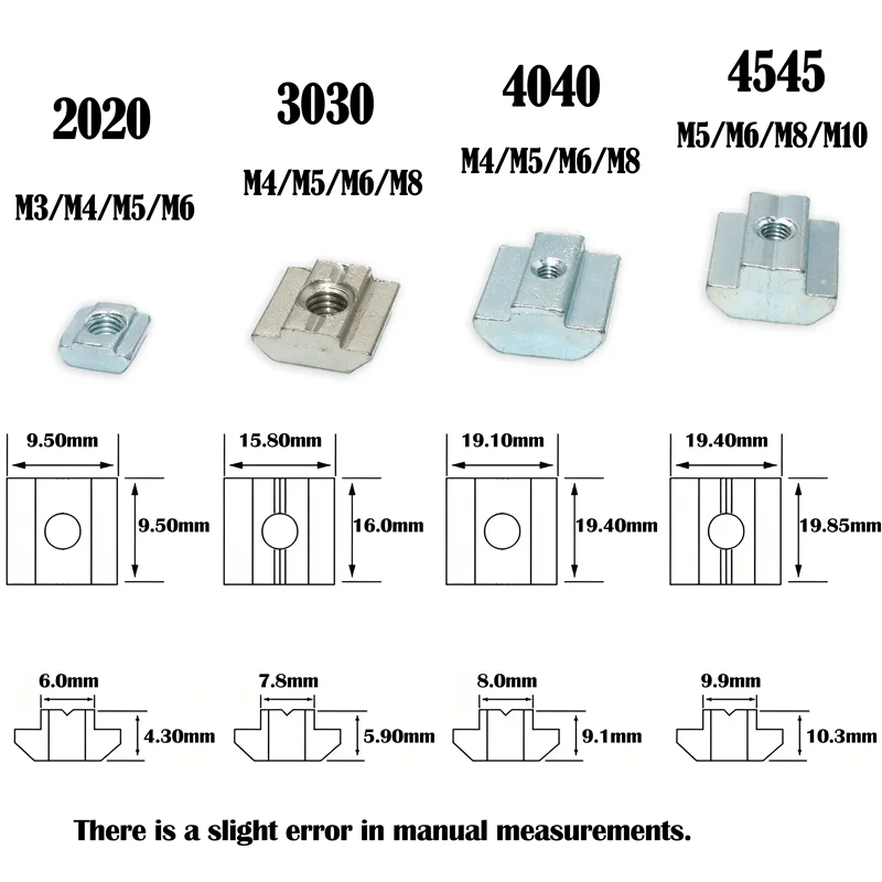 100p/lot T Block Square Nut M3 M4 M5 M6 M8 T-Track Sliding Hammer Nut for 20 30 40 45 Aluminum Profile Slot Connector Accessor