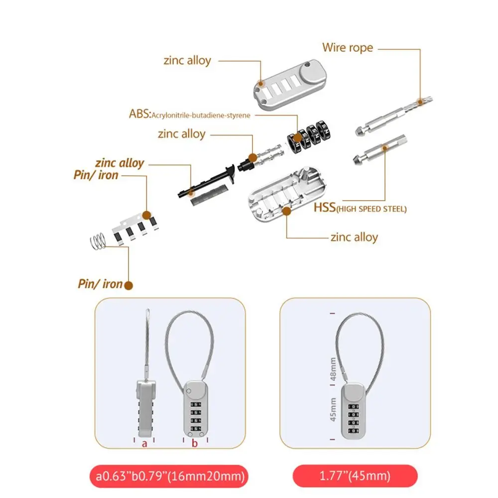 Portable Zinc Alloy 4 Digit Password Lock Wire Rope Anti-theft Backpack Zipper Lock Padlock Luggage Combination Lock Travel