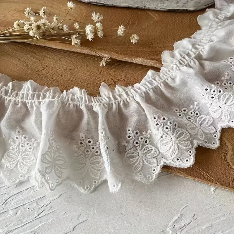 1 size lace trimming, pleated cotton fabric, white bow embroidery, skirt hem, cuff ruffles 7cm wide
