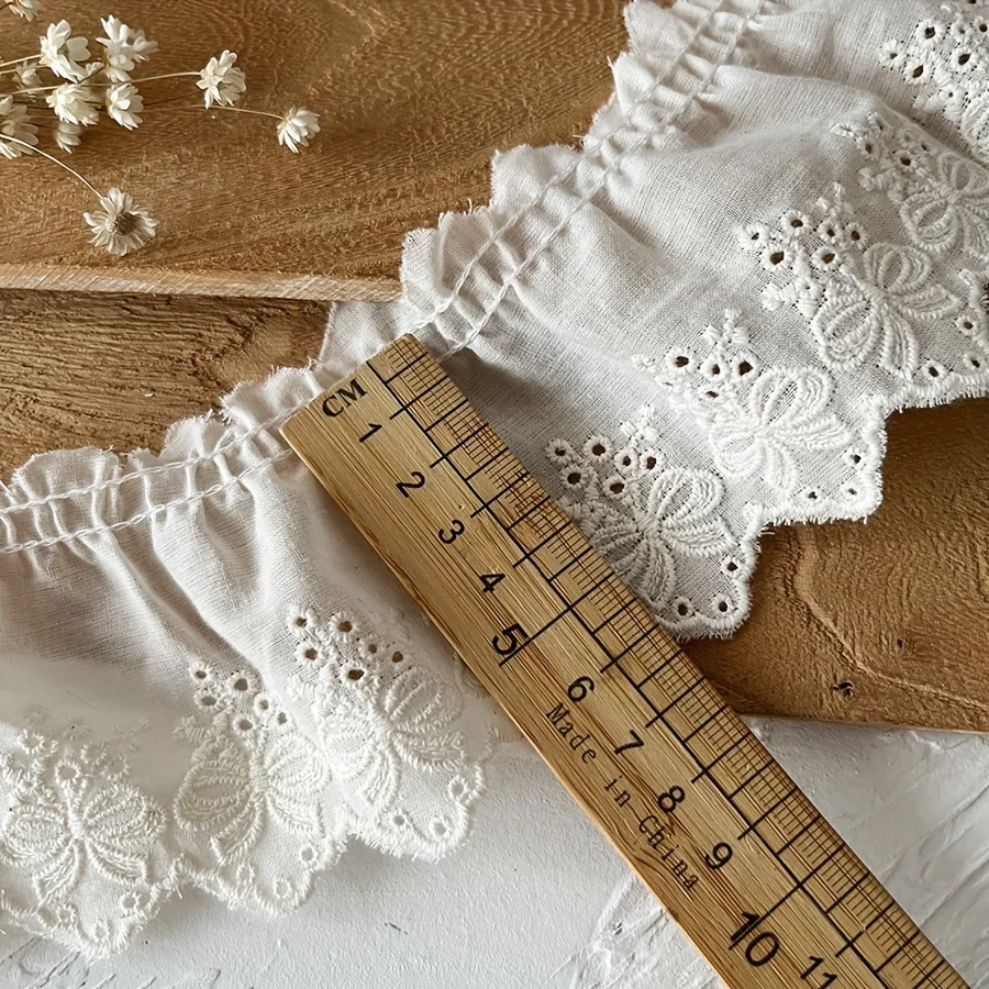 1 size lace trimming, pleated cotton fabric, white bow embroidery, skirt hem, cuff ruffles 7cm wide