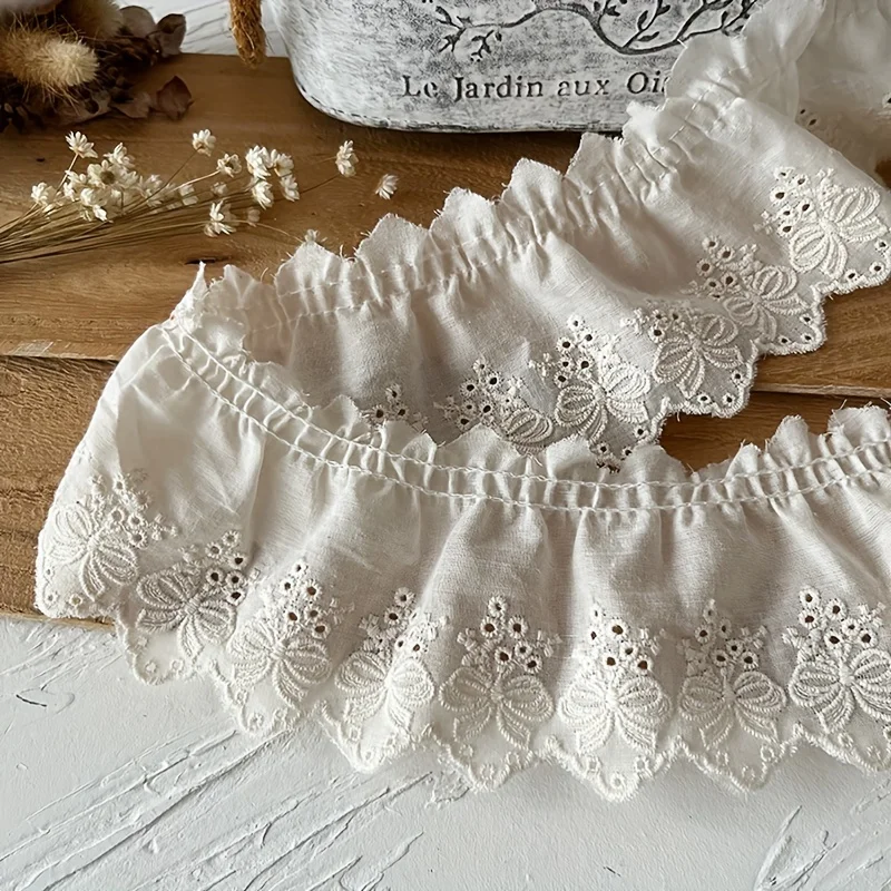 1 size lace trimming, pleated cotton fabric, white bow embroidery, skirt hem, cuff ruffles 7cm wide