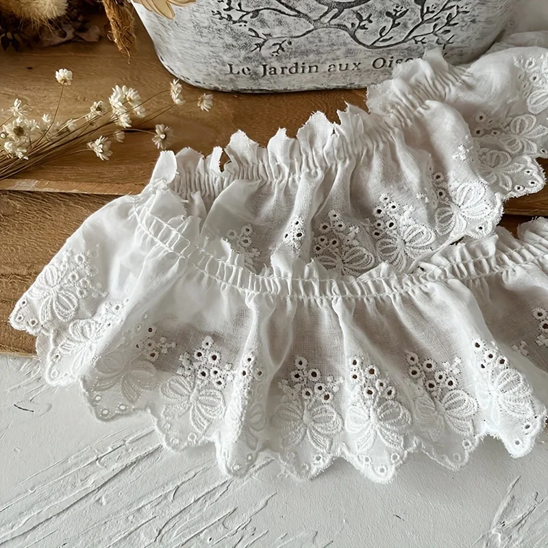 1 size lace trimming, pleated cotton fabric, white bow embroidery, skirt hem, cuff ruffles 7cm wide