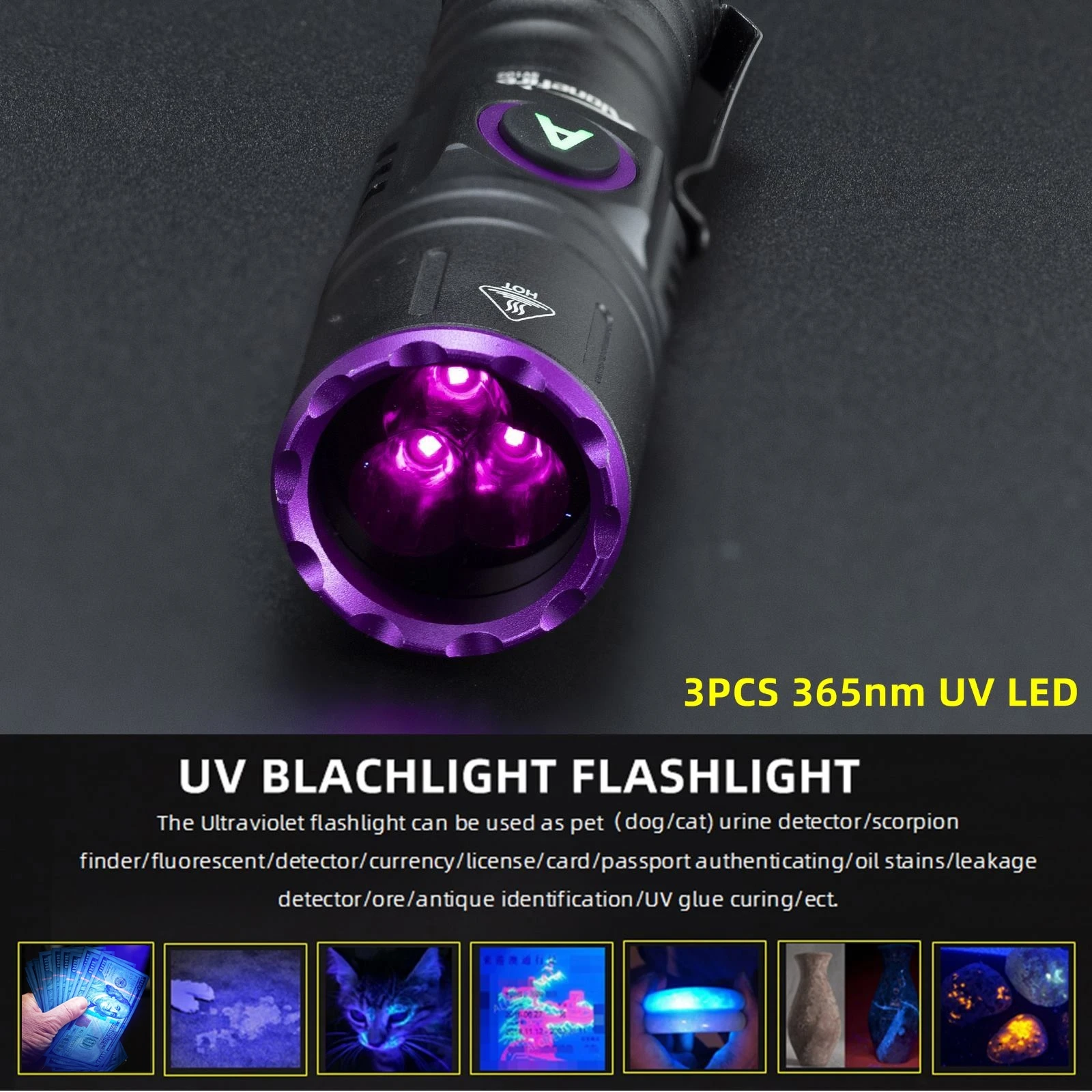 15W High Power UV 395/365nm USB Rechargeable Flashlight Cat Dog Urine Tinea Ore Money Scorpion Fluorescence Marker Purple Light