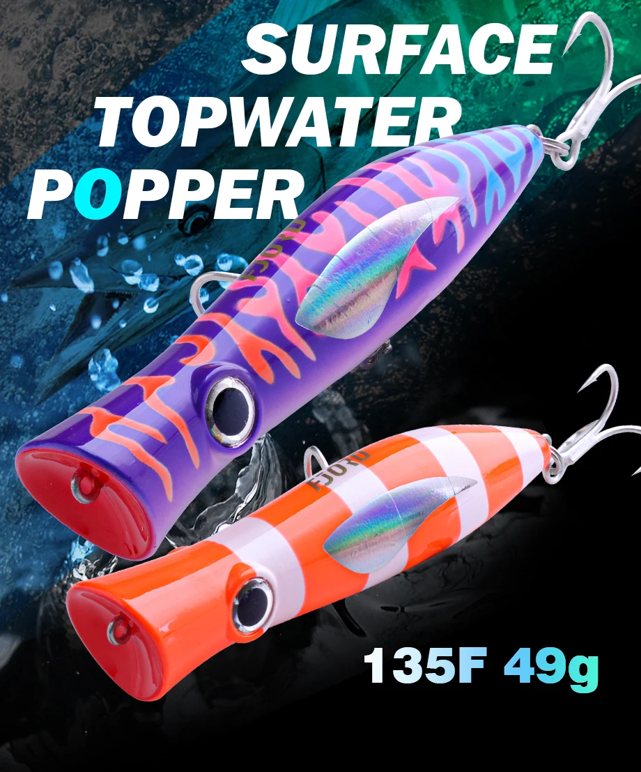 FJORD Popper Fishing Lure 49g Topwater Floating Surface Bait With Treble Hooks Big Mouth Saltwater Sea Hard Baits Fishing Goods