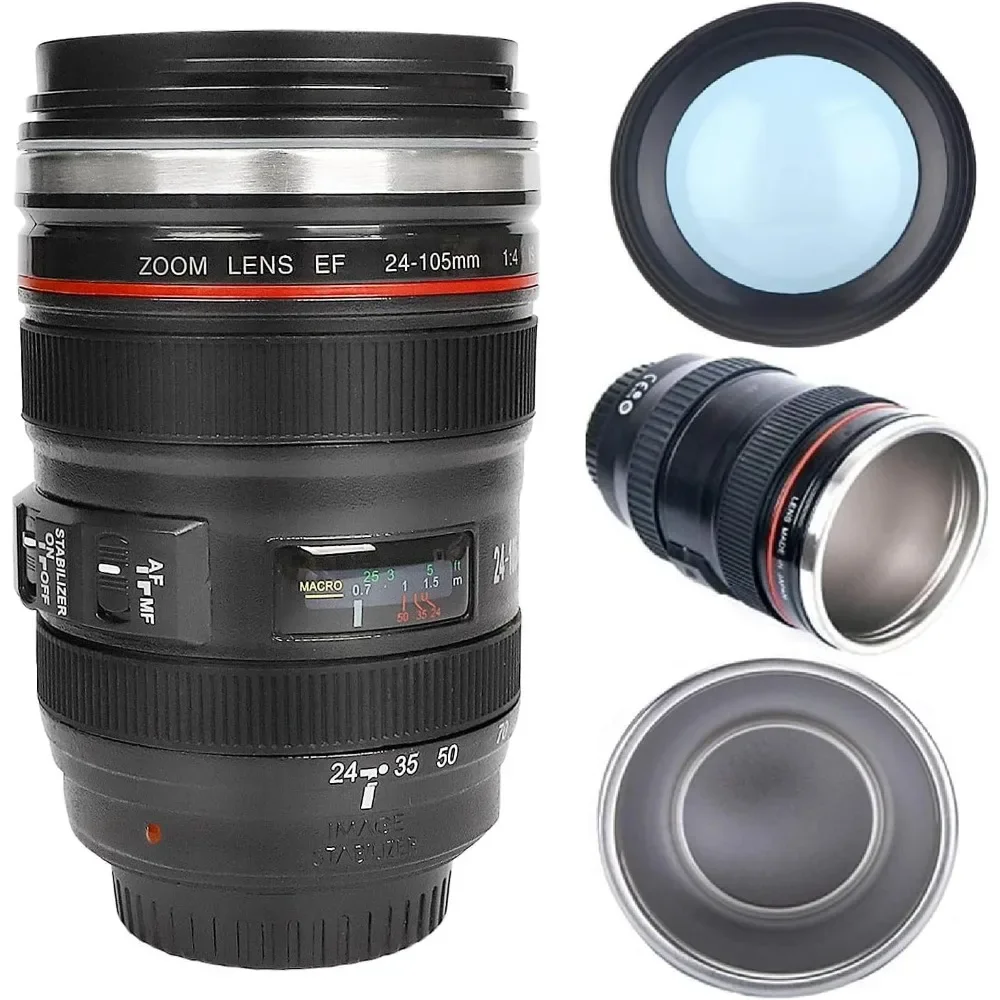 1pc SLR Lens Cup Camera Camera Lens Model Stainless Steel Casual Cup with Lid Coffee Mug White Black Coffee Mugs Creative Gift