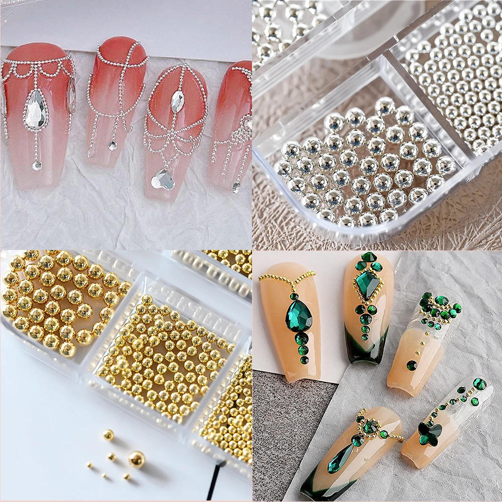 12 Grids Gold Mixed Size Stainless Steel Metal Bead Nail Art Decoration 3D Mini Small Caviar Ball Silver Charm Pearl Manicure &*