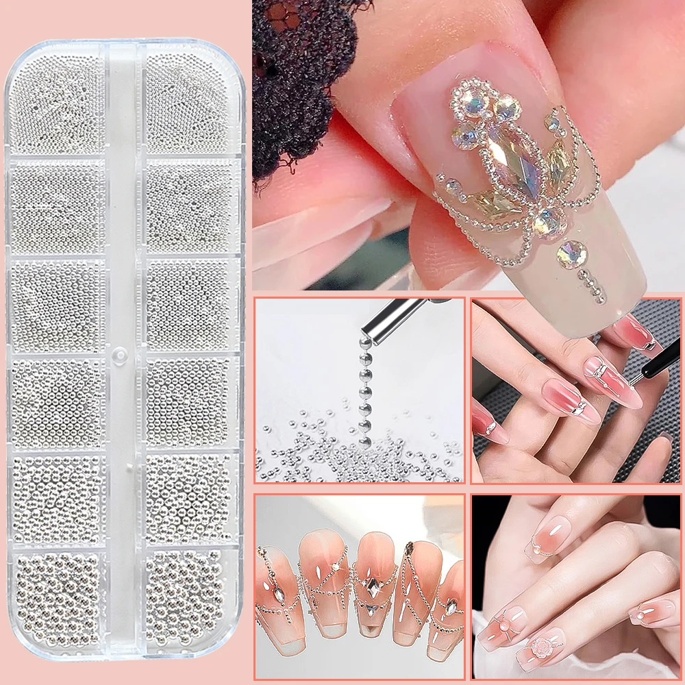 12 Grids Gold Mixed Size Stainless Steel Metal Bead Nail Art Decoration 3D Mini Small Caviar Ball Silver Charm Pearl Manicure &*