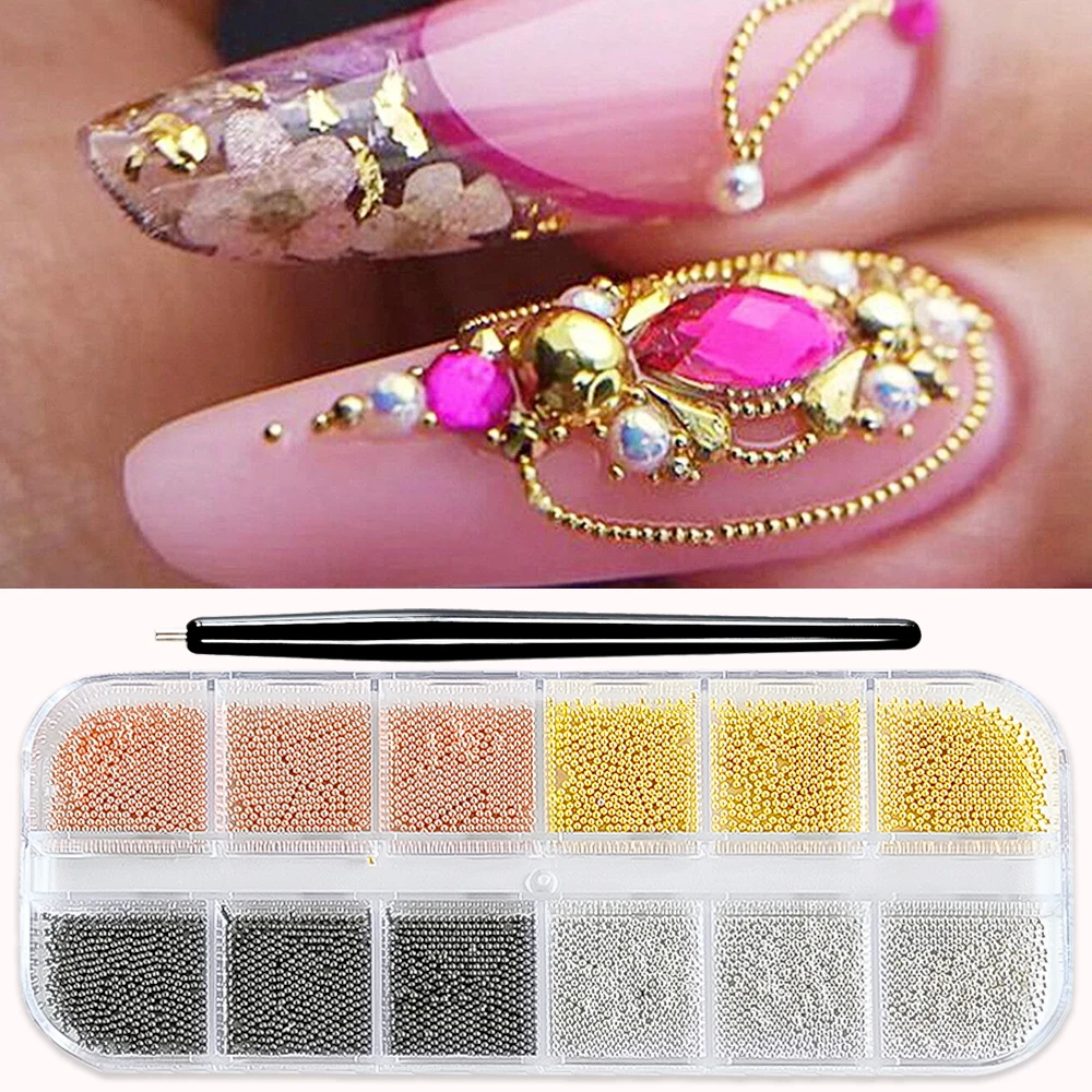 12 Grids Gold Mixed Size Stainless Steel Metal Bead Nail Art Decoration 3D Mini Small Caviar Ball Silver Charm Pearl Manicure &*