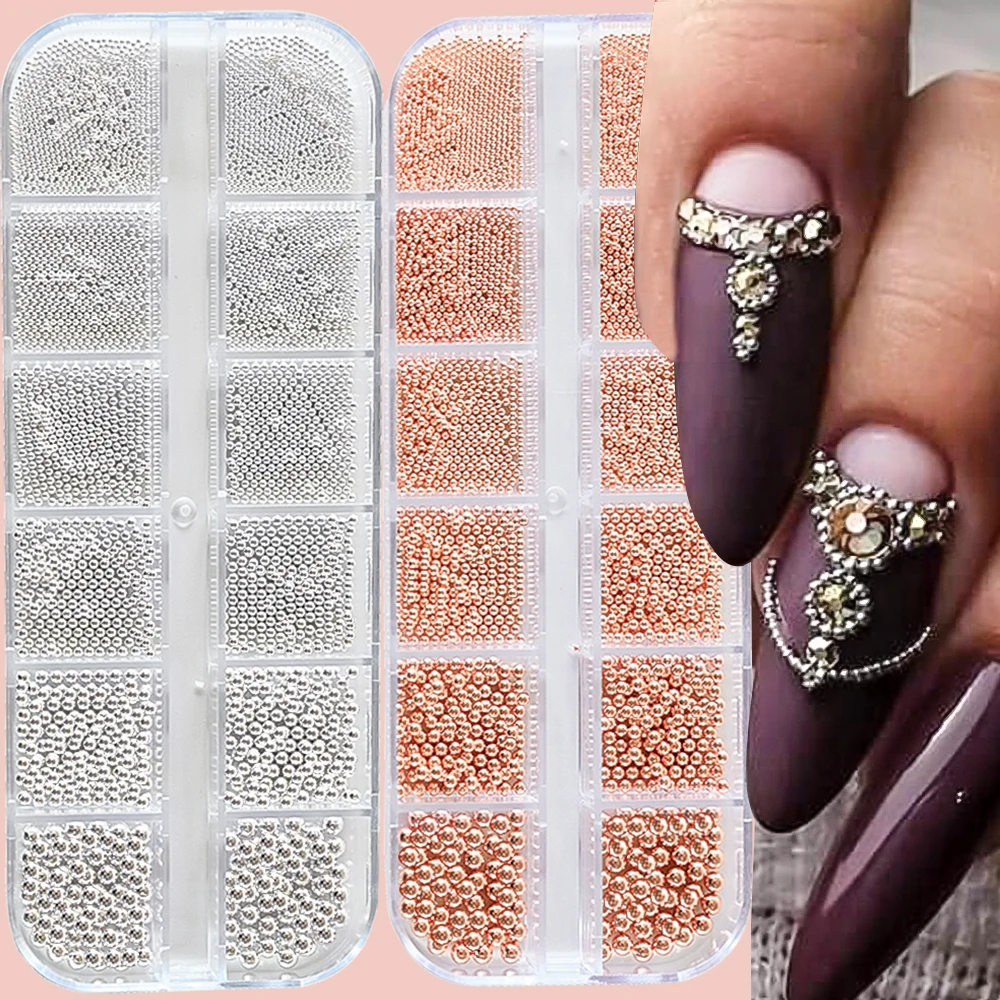 12 Grids Gold Mixed Size Stainless Steel Metal Bead Nail Art Decoration 3D Mini Small Caviar Ball Silver Charm Pearl Manicure &*