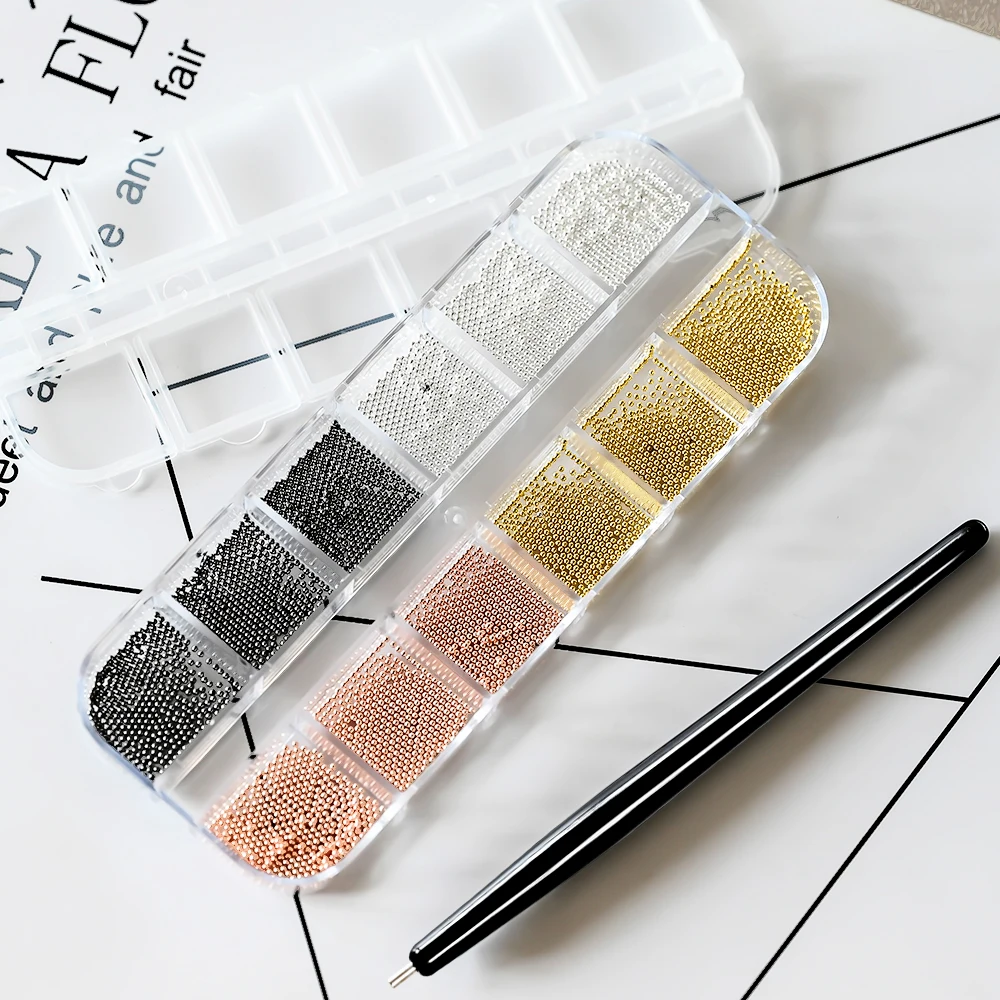 12 Grids Gold Mixed Size Stainless Steel Metal Bead Nail Art Decoration 3D Mini Small Caviar Ball Silver Charm Pearl Manicure &*