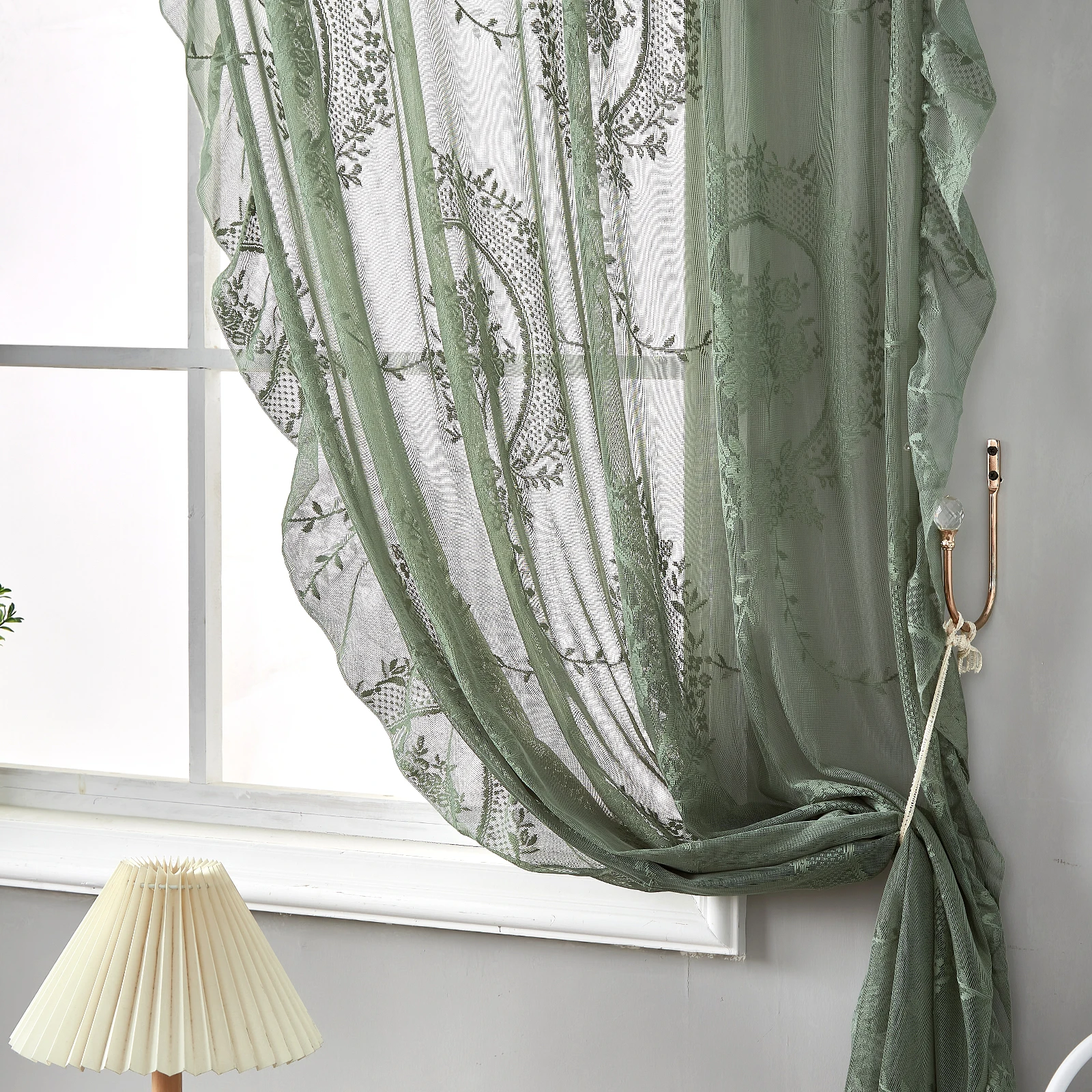 French Retro Green Ruffled Lace Sheer Tulle Curtains For Girls Room Living Room Korean Pastoral Floral Window Screen
