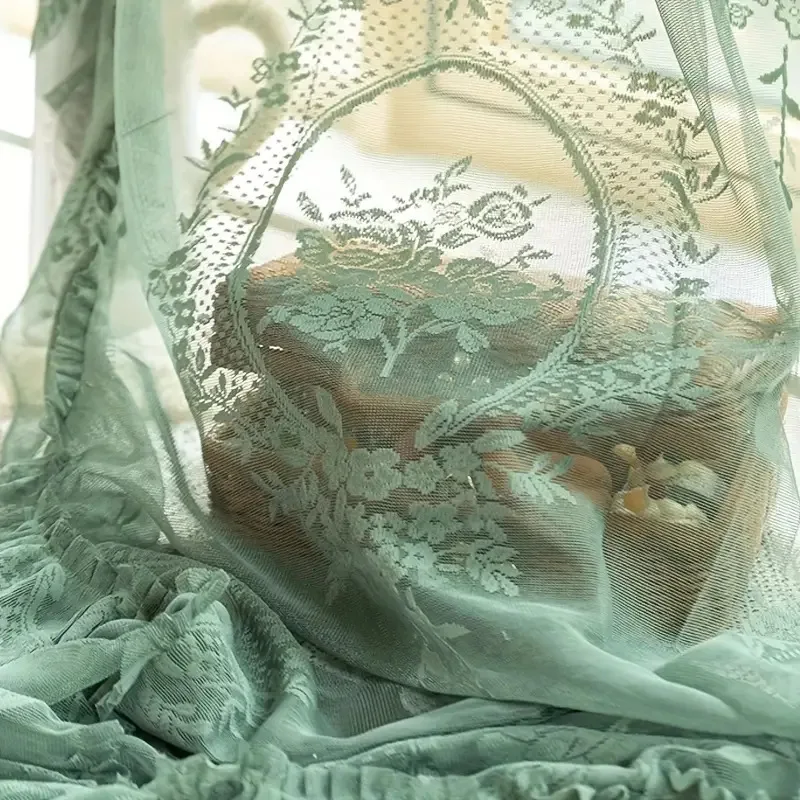 French Retro Green Ruffled Lace Sheer Tulle Curtains For Girls Room Living Room Korean Pastoral Floral Window Screen