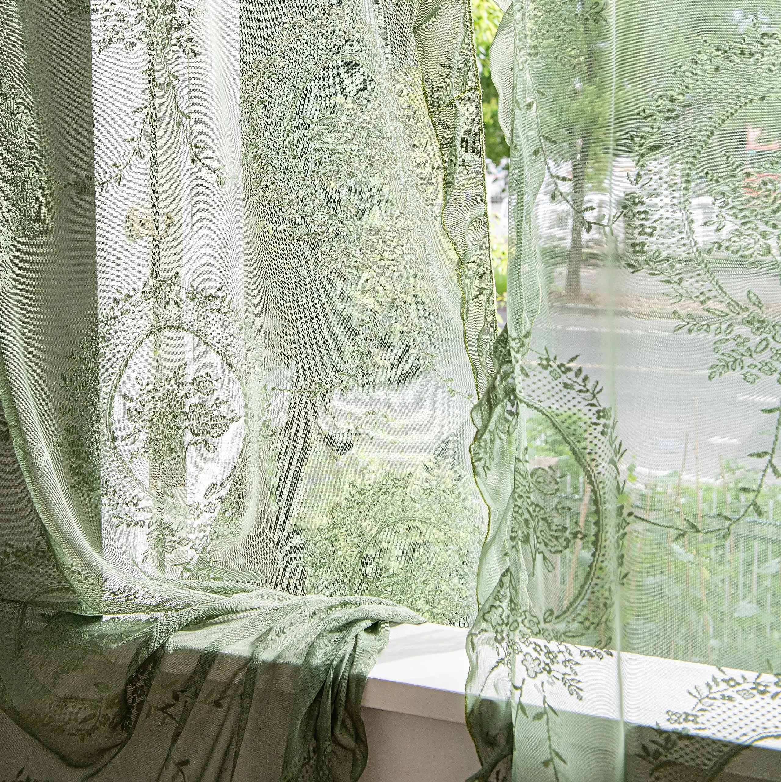 French Retro Green Ruffled Lace Sheer Tulle Curtains For Girls Room Living Room Korean Pastoral Floral Window Screen