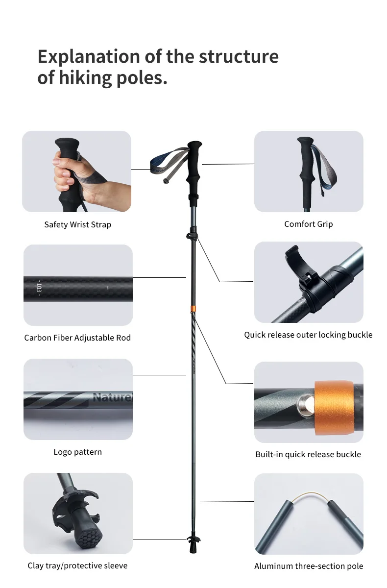 Naturehike Carbon Fiber Trekking Poles 5 Sections Portable Folding Climbing Sticks Outdoor Hiking Collapsible Walking Sticks