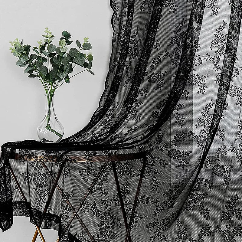 Black Floral Lace Curtains with Retro Style for Living Rooms, Bedrooms, and Party Decorations