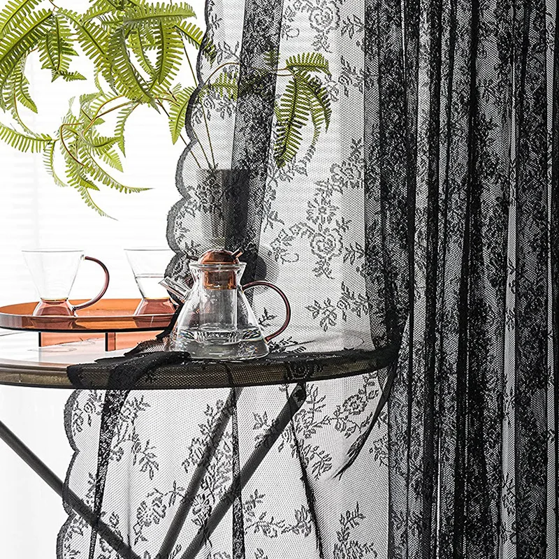 Black Floral Lace Curtains with Retro Style for Living Rooms, Bedrooms, and Party Decorations