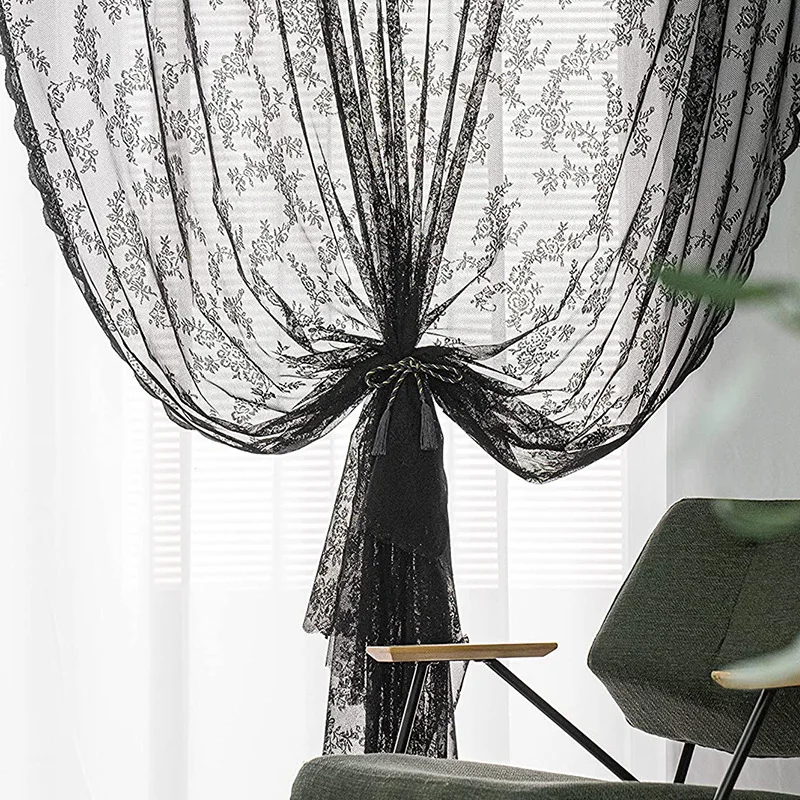 Black Floral Lace Curtains with Retro Style for Living Rooms, Bedrooms, and Party Decorations