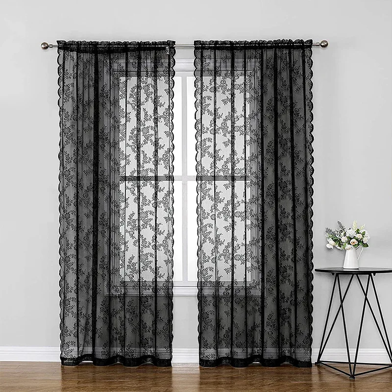 Black Floral Lace Curtains with Retro Style for Living Rooms, Bedrooms, and Party Decorations
