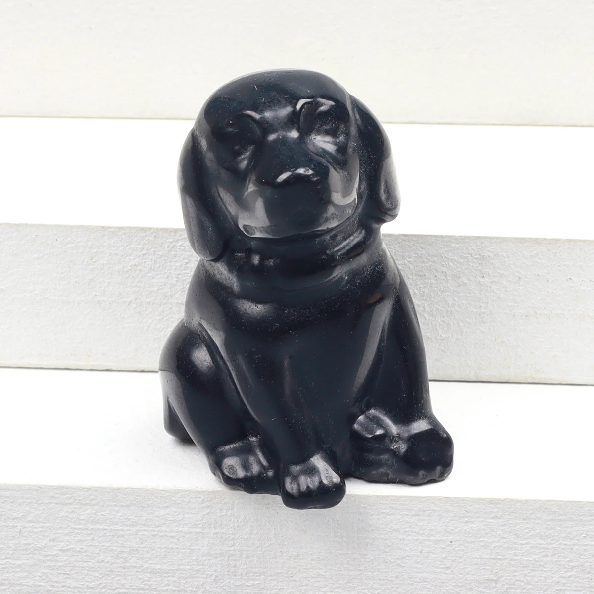 Black Obsidian Dog Figurine, Natural Stone, Hand Carved Jade Mini Puppy, Crystal Craft, Chakra, Home Decor, 1.5"