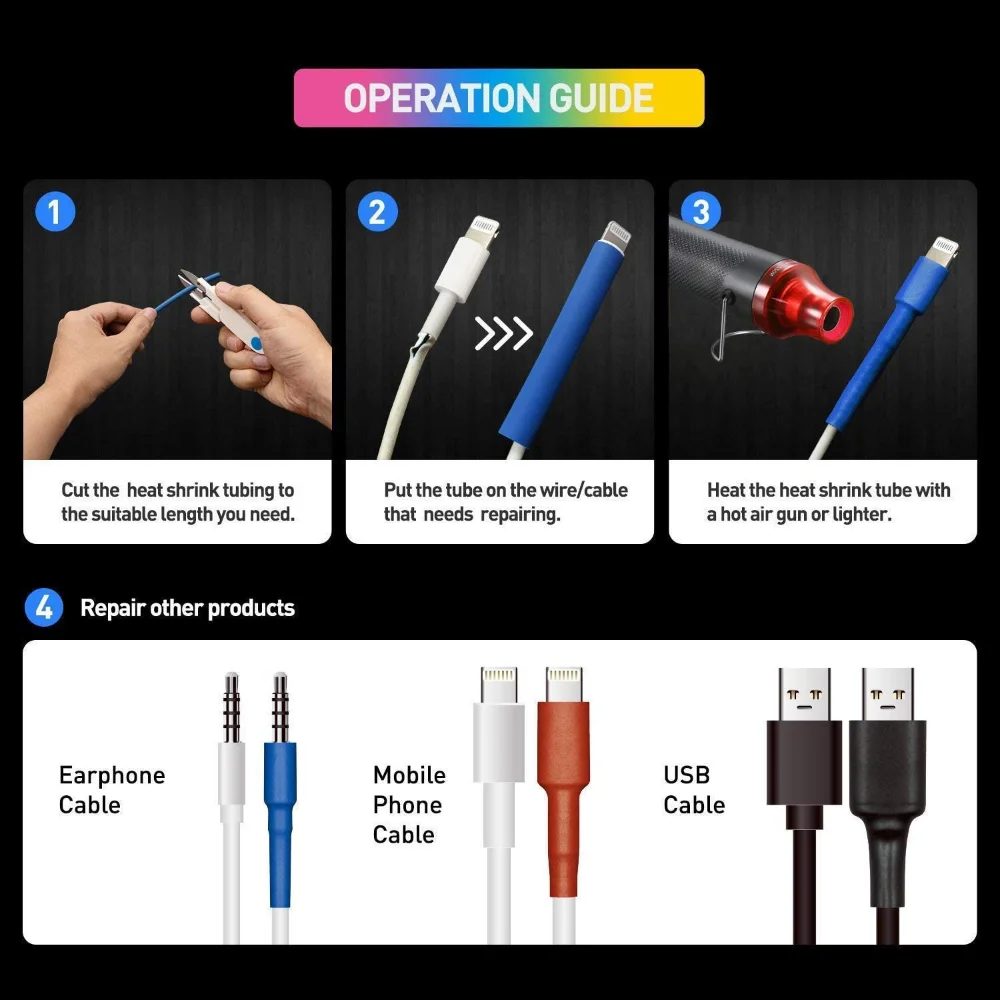 530/328/127pcs Heat Shrink Tube 2:1 Shrinkable Wire Shrinking Wrap Tubing Wire Connect Cover Protection with 300W Hot Air Gun