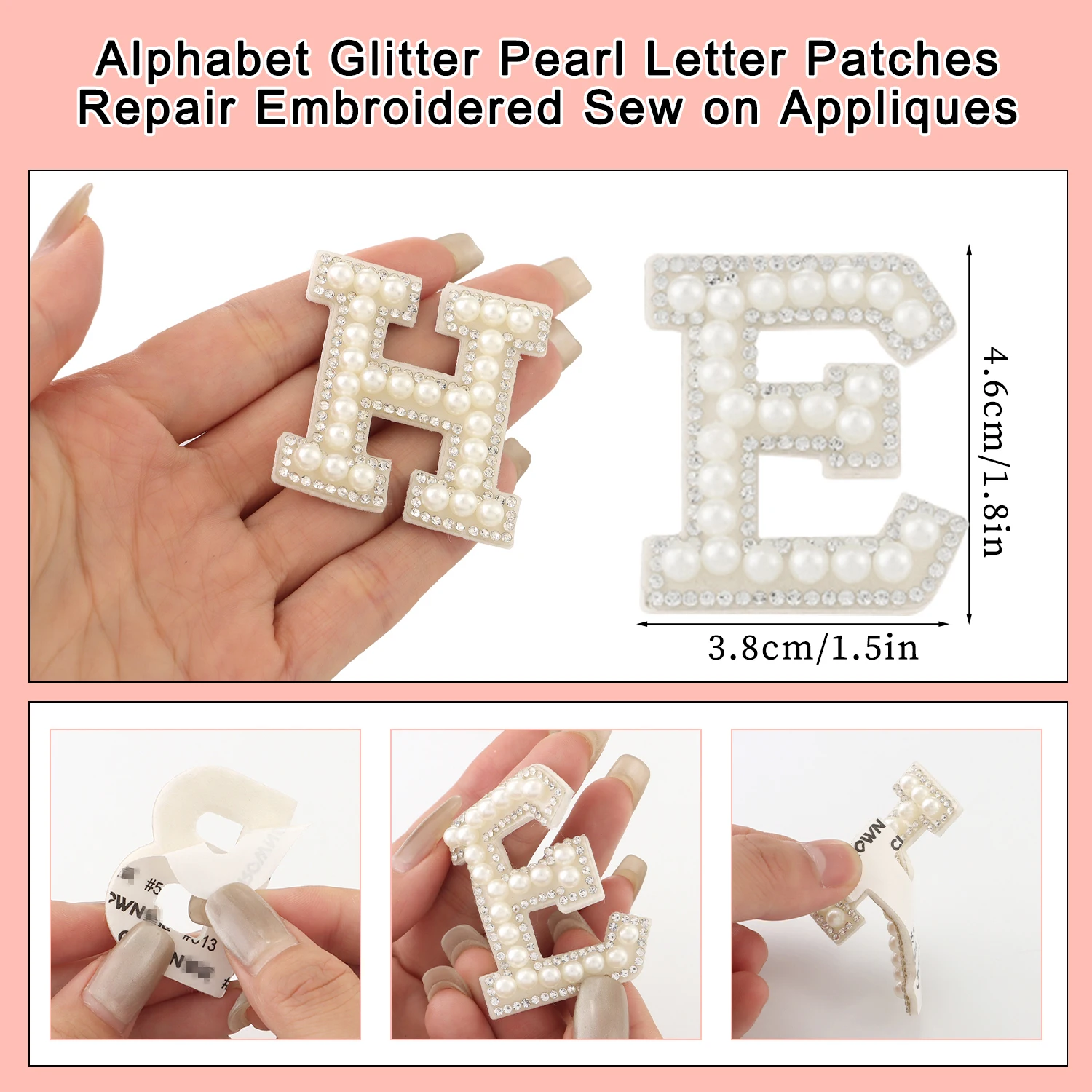 26pcs A-Z English Letter Glitter Pearls Rhinestone Patches Repair Embroidered Sew on Appliques,Patches for DIY Clothes Bags Hats