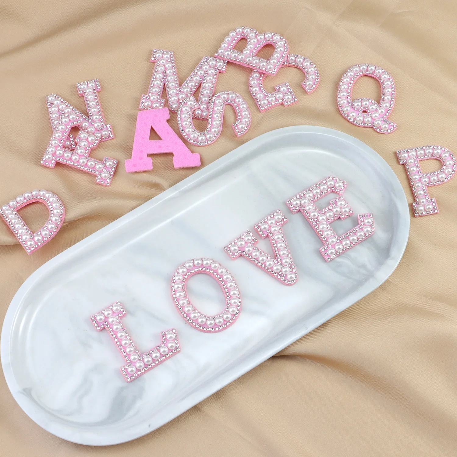26pcs A-Z English Letter Glitter Pearls Rhinestone Patches Repair Embroidered Sew on Appliques,Patches for DIY Clothes Bags Hats