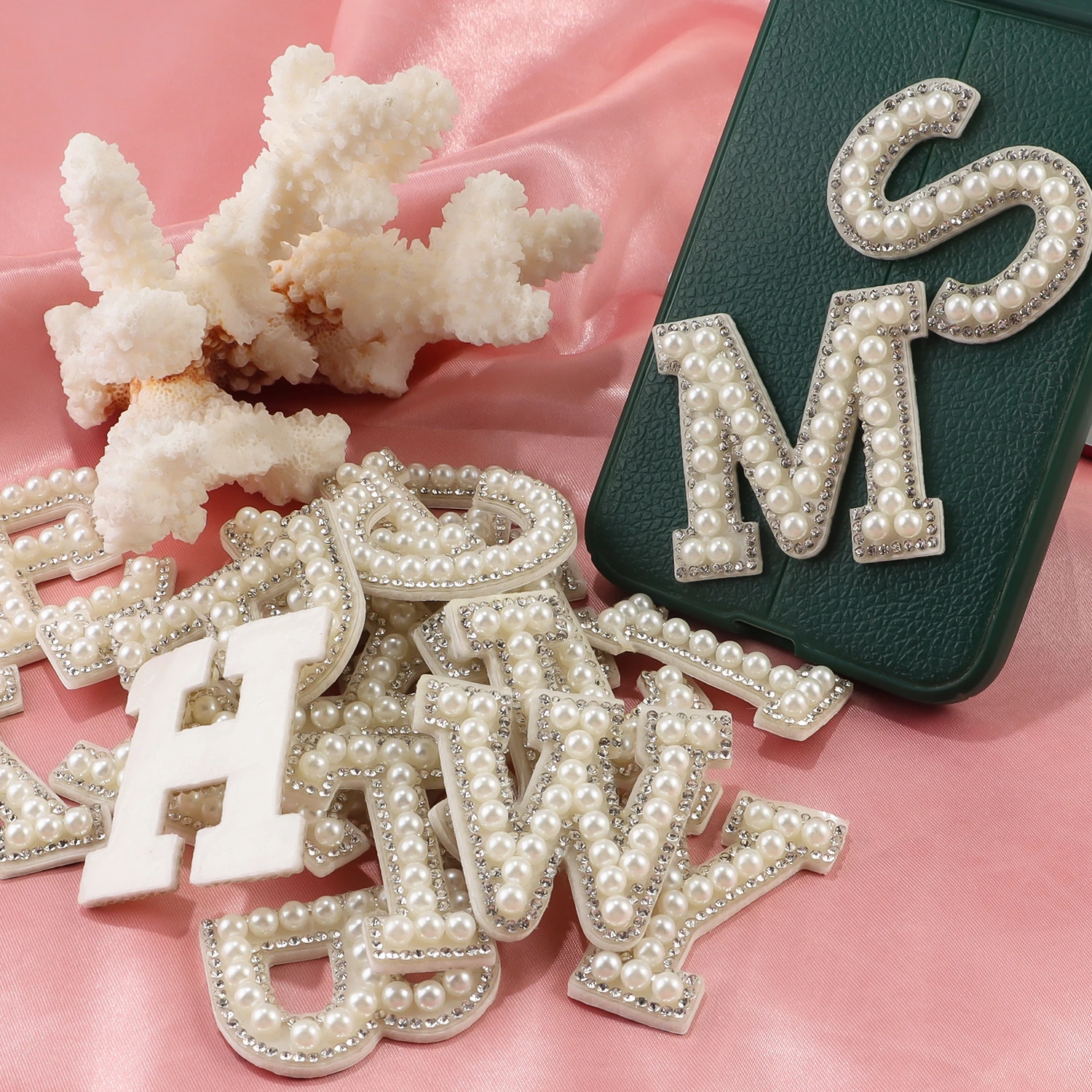 26pcs A-Z English Letter Glitter Pearls Rhinestone Patches Repair Embroidered Sew on Appliques,Patches for DIY Clothes Bags Hats
