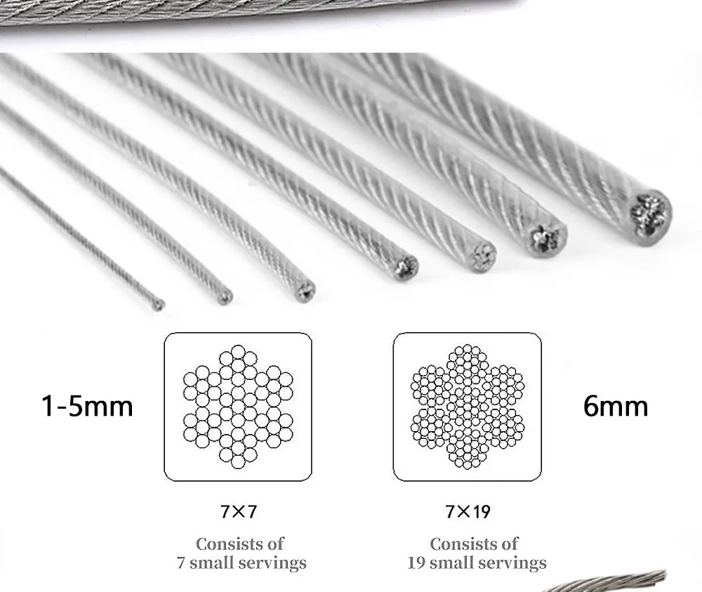 Steel Wire Rope Transparent Color PVC Plastic Coating 1.0-6mm 304 Stainless Cable Used For Clotheslines 5M/10M/20M/50M/100M