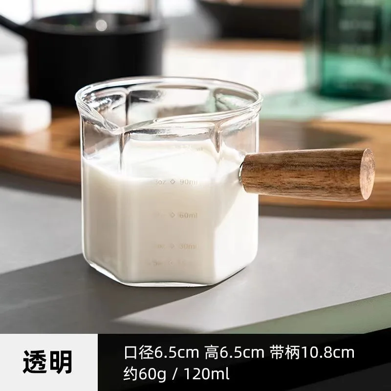 120ml Hexagon Wood Handle Glass Espresso Measuring Cup Milk Latte Jug Coffee Supplies Kitchen Mug Drinkware Double Bottom